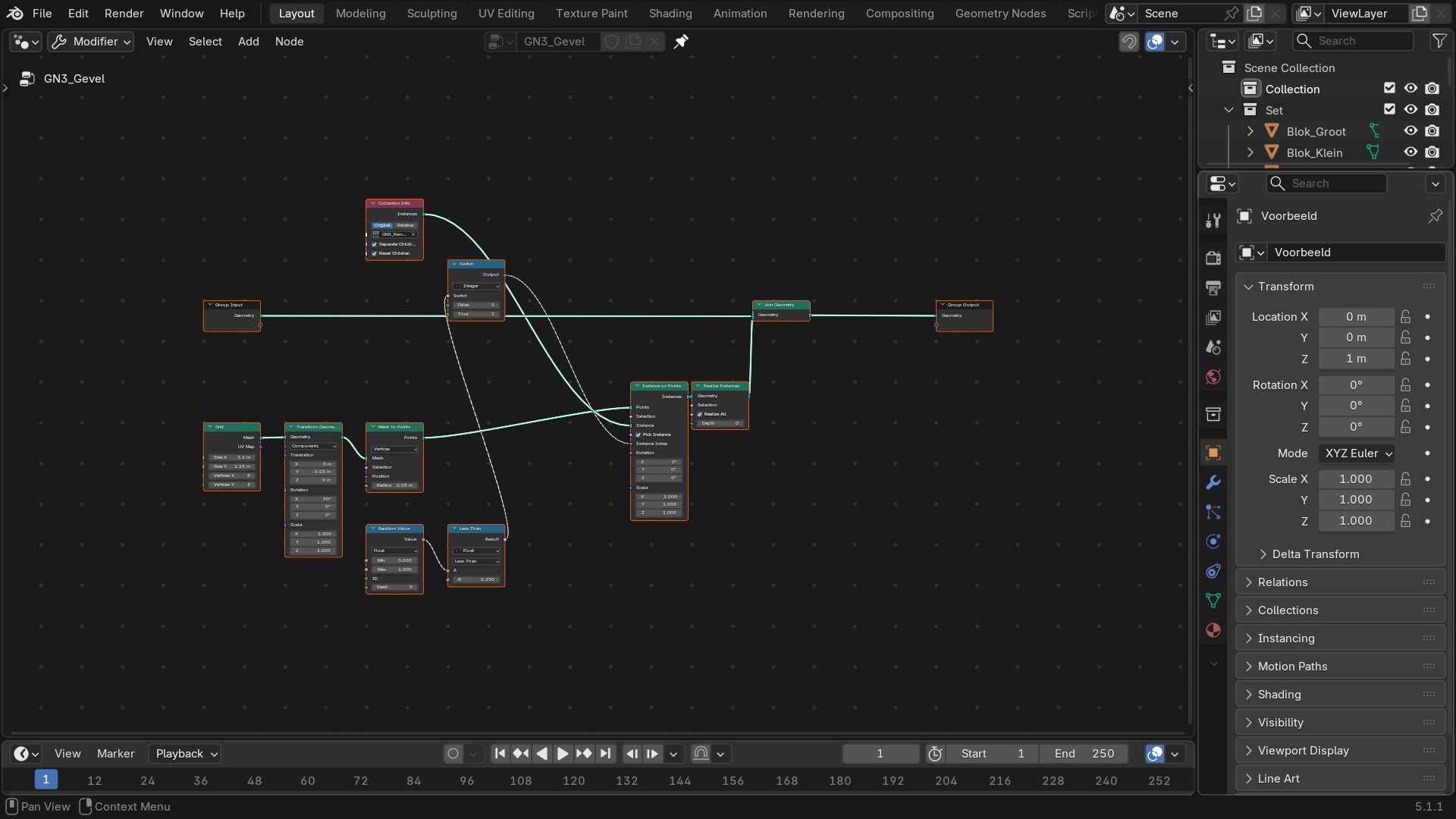 De echte, herstelde node-boom van opbouw 3: Grid, Mesh to Points, Random Value + Less Than + Switch (Integer), Collection Info, Instance on Points en Join Geometry — precies de opbouw die de twee variant-ramen laat werken.