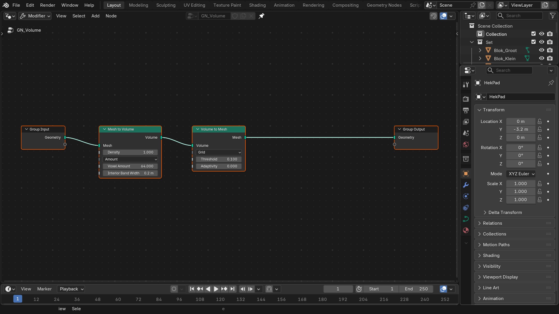 De echte node-boom: Mesh to Volume zet de kubus om in een dichte voxelgrid, Volume to Mesh haalt er via Threshold weer een (afgevlakt) oppervlak uit.