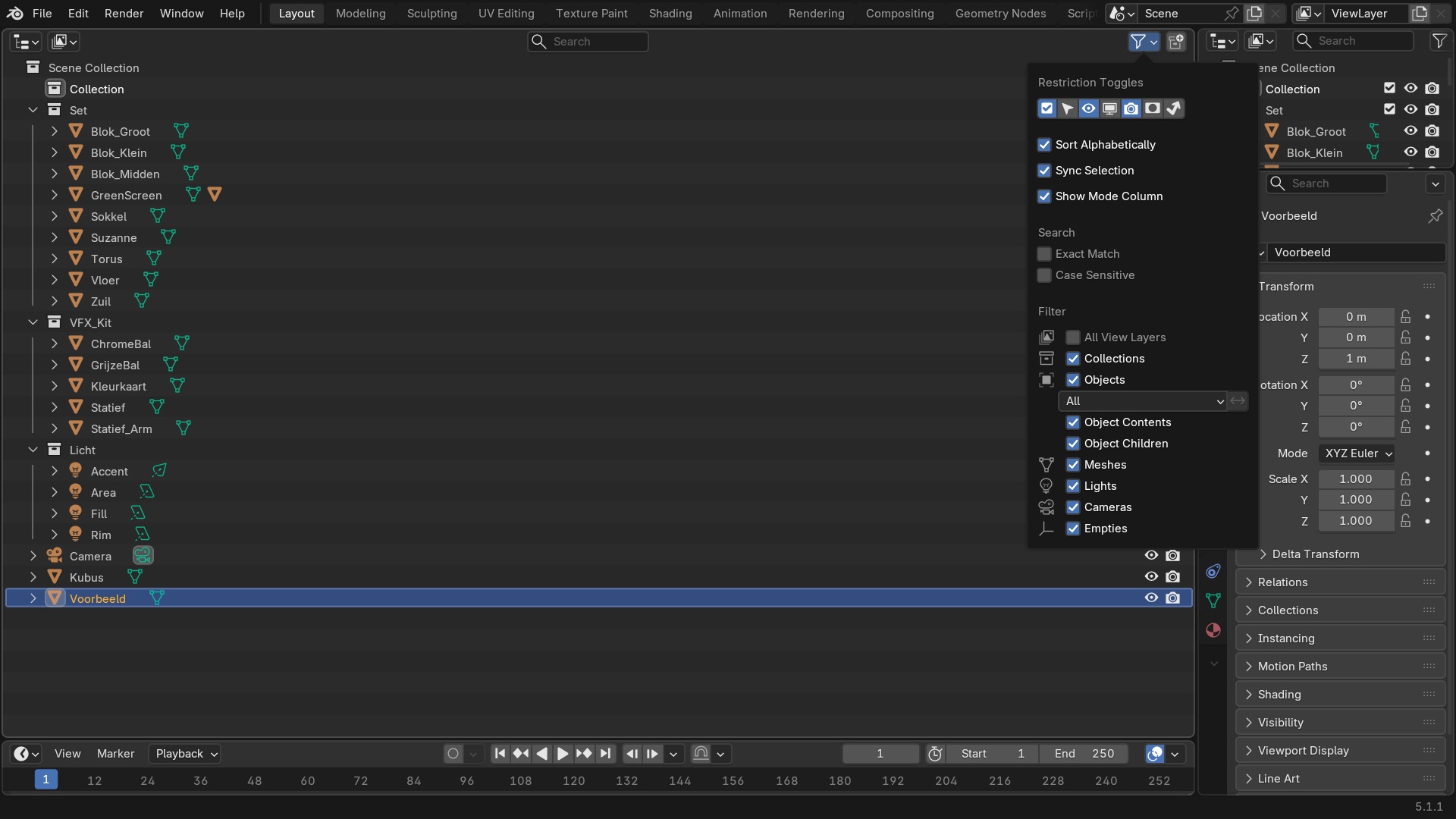 Het opengeklapte filterpaneel: restriction-toggles bovenaan, Sort Alphabetically en Sync Selection eronder, en de type-filters.