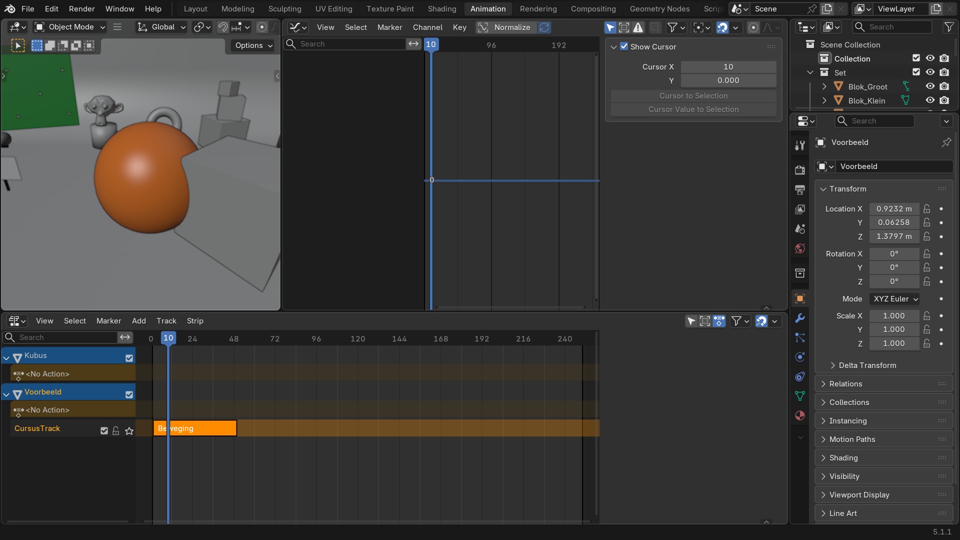 Eén strip in Tweak Mode (geel omrand, de rest van de NLA vervaagd op de achtergrond) met de Dope Sheet ernaast die de losse keyframes toont.