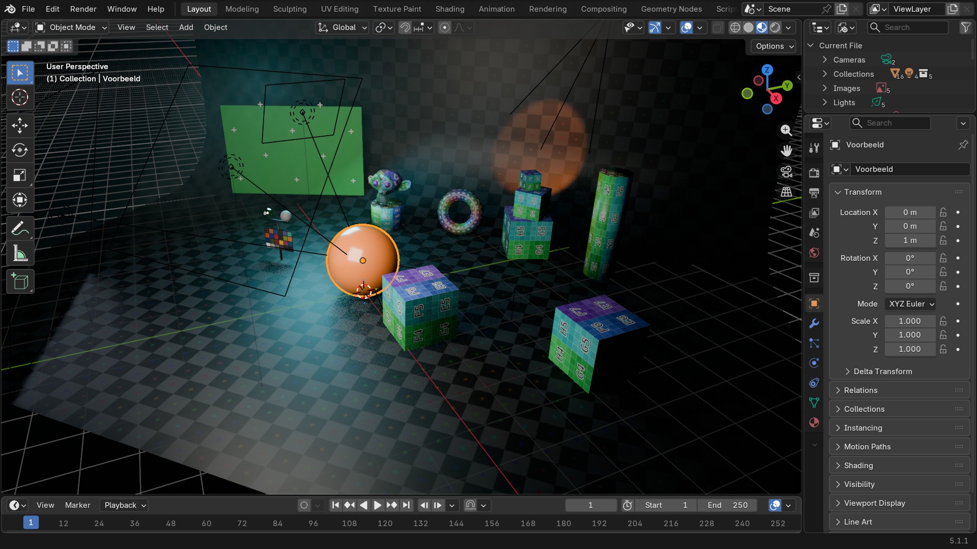De Outliner in Blender File-modus: alle datablock-types met hun instanties, los van de scene.