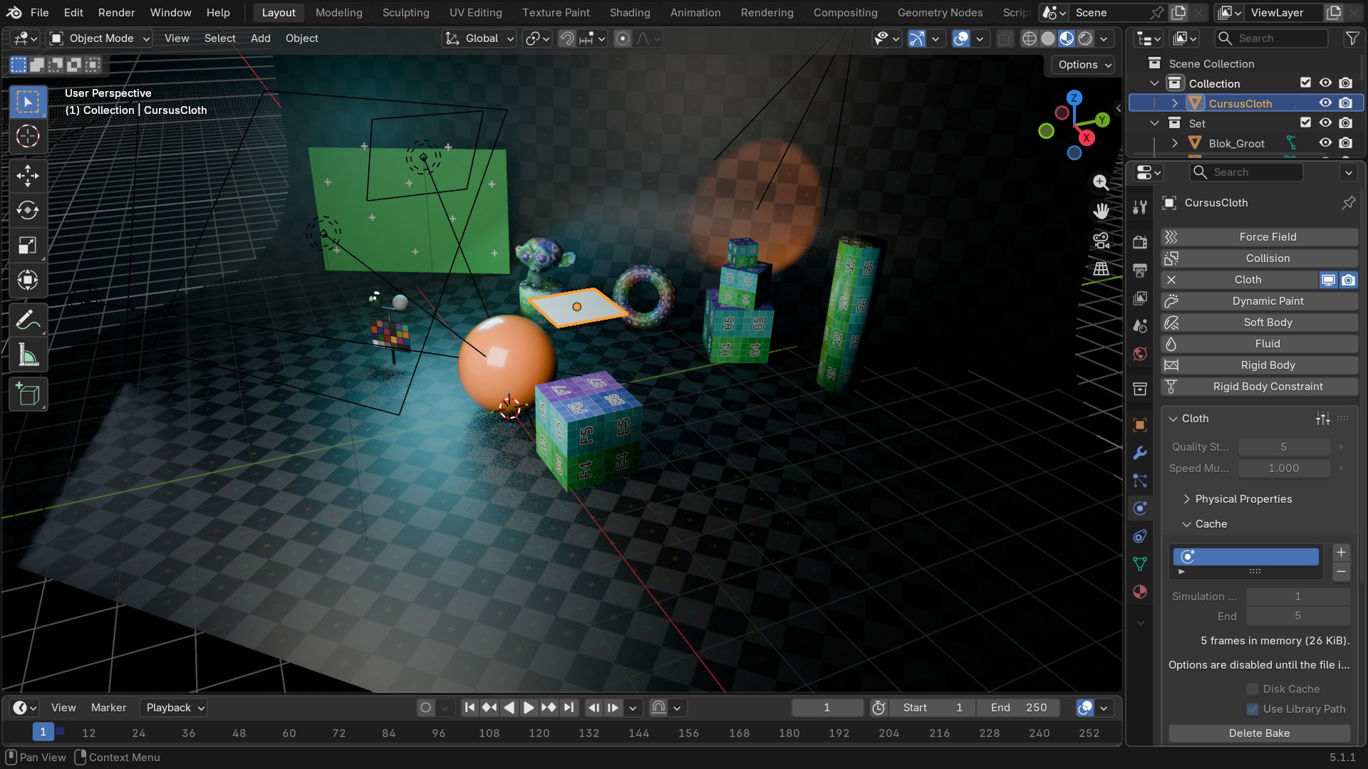 Een echte Cloth-simulatie op een stuk stof, hier gebaked over 5 frames (26 KiB) — Blender 5.1 noemt de knop na het bakken “Delete Bake”, niet meer “Free Bake” zoals oudere versies.