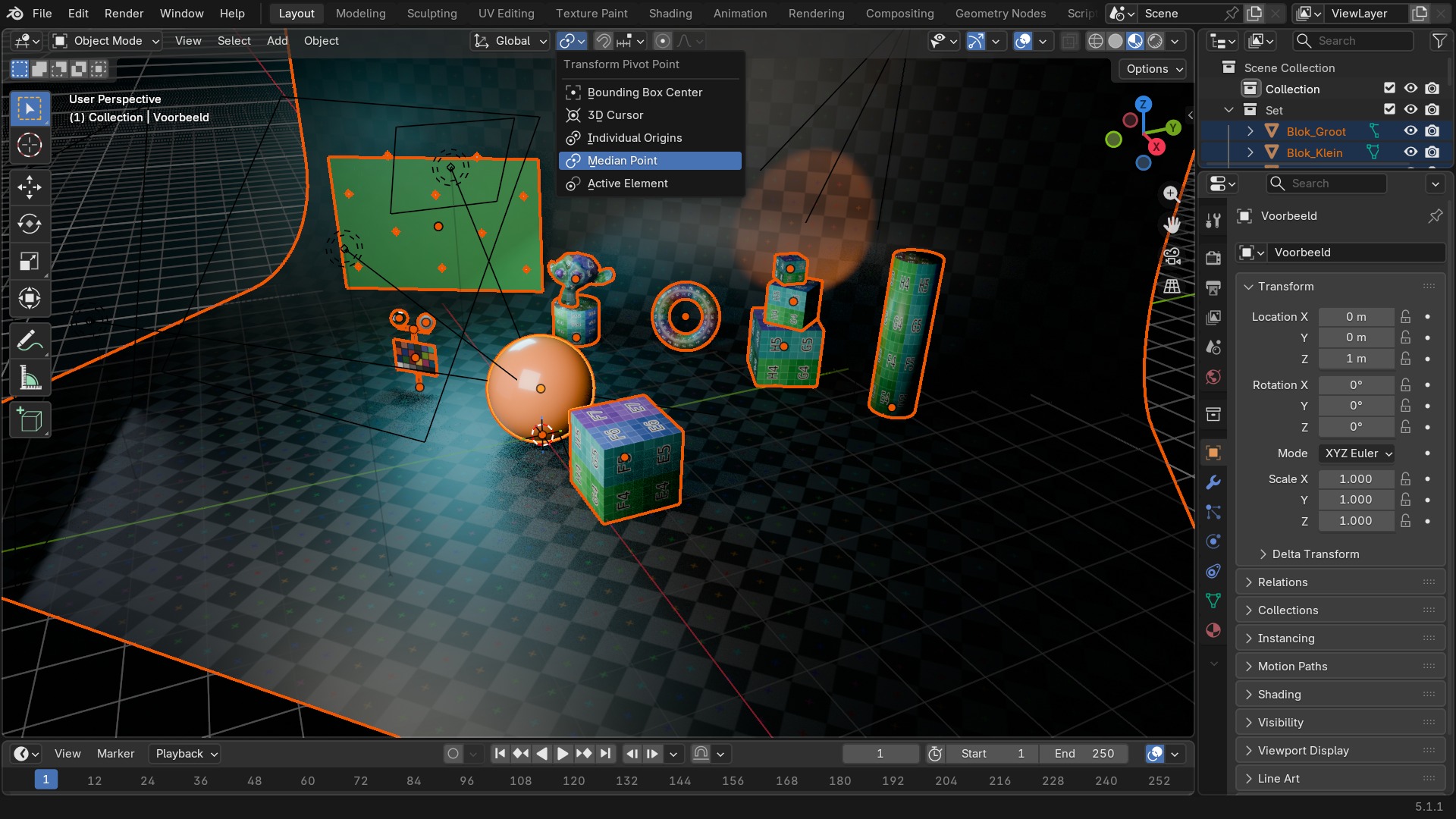 Het Pivot Point-dropdownmenu in de header van de 3D Viewport.