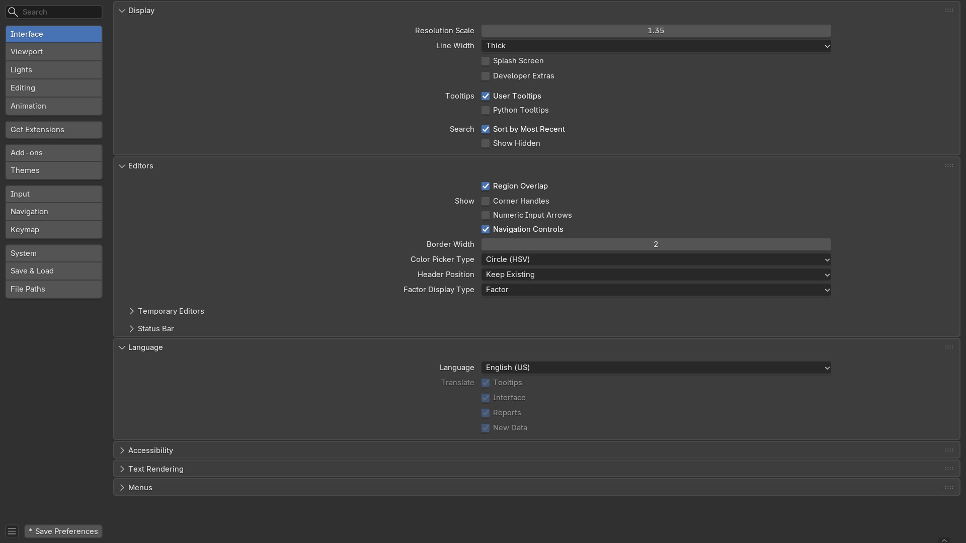 De Preferences-editor geopend op de tab Interface.