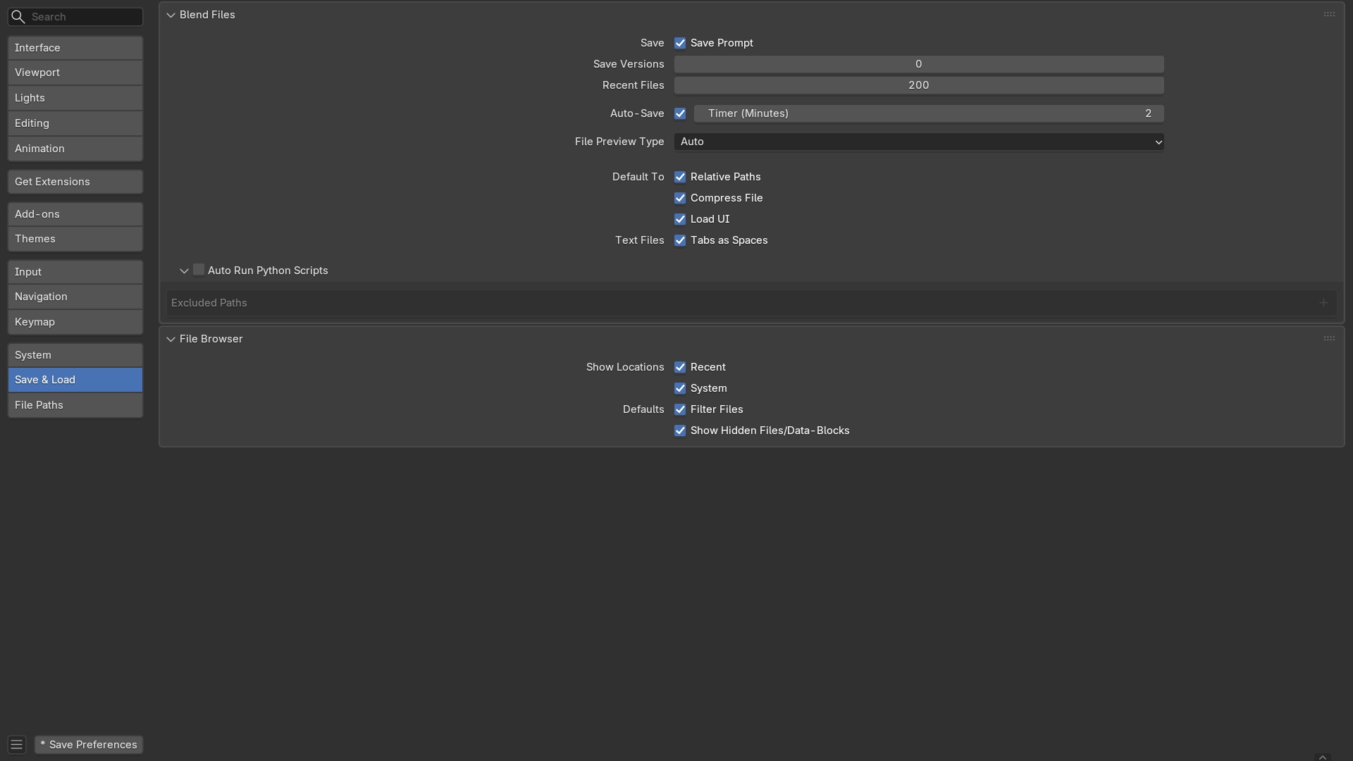 De instellingen Auto Save Temporary Files en Auto Save Time in Preferences → File Paths.