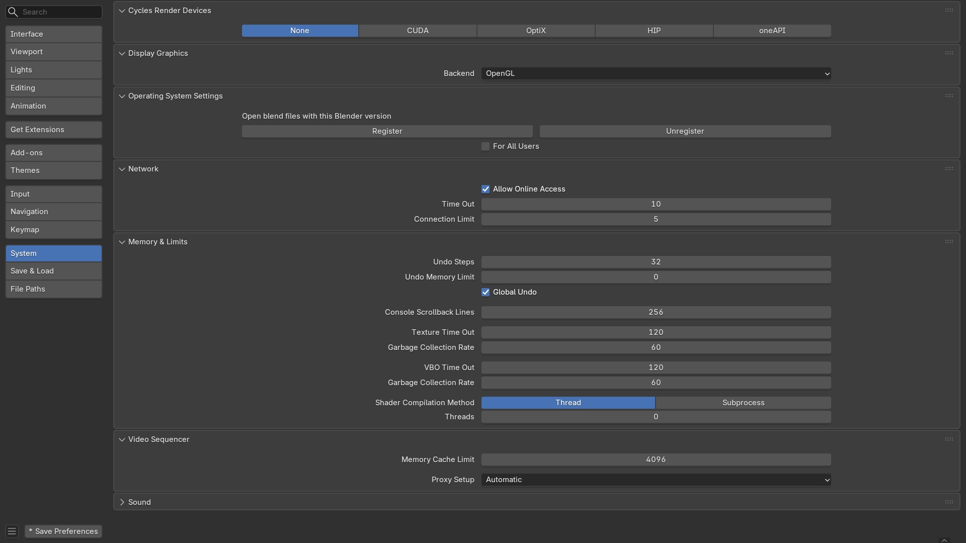 De zeven panelen van de tab System: Cycles Render Devices tot Video Sequencer.