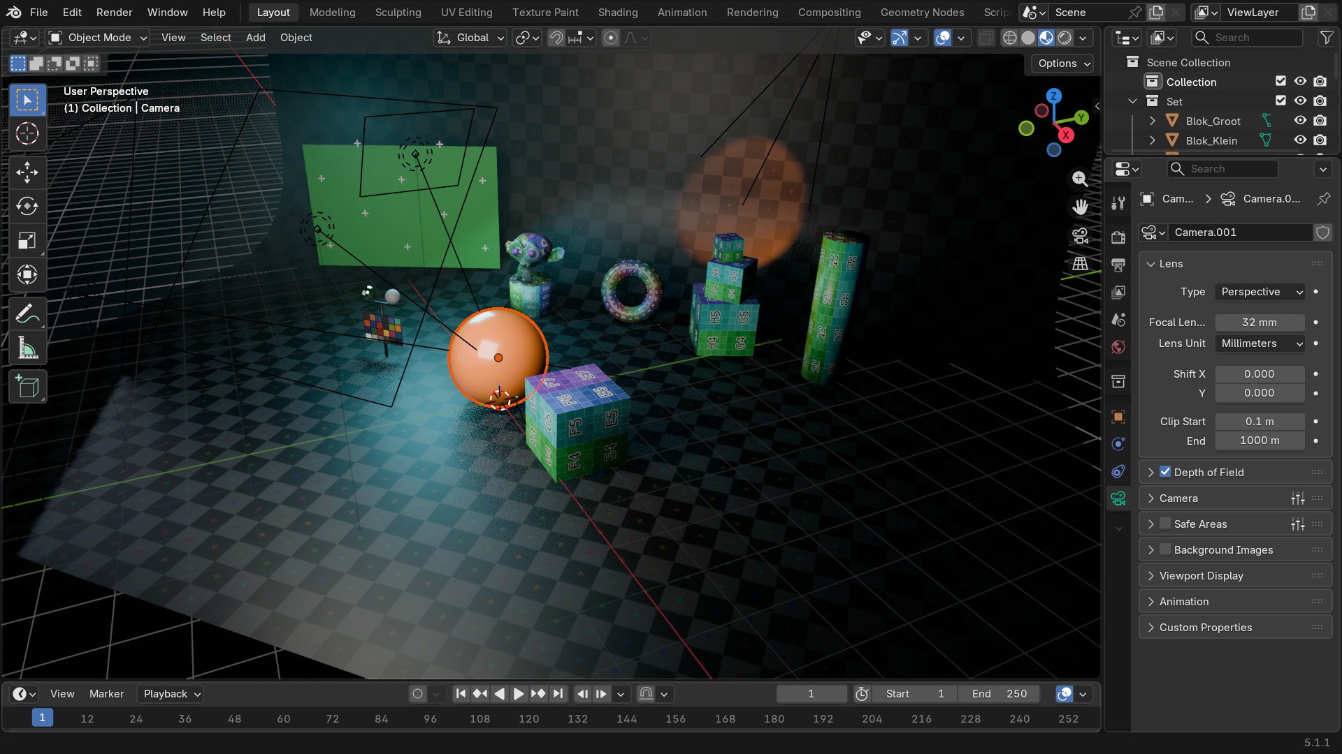 Object Data Properties van een camera, paneel Lens, Type op Perspective.