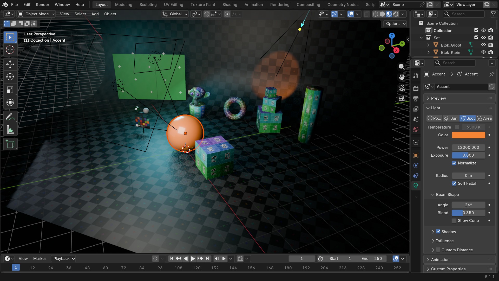 Object Data Properties van een Area-light: Power, Shape, Size en de Shadow-instellingen.
