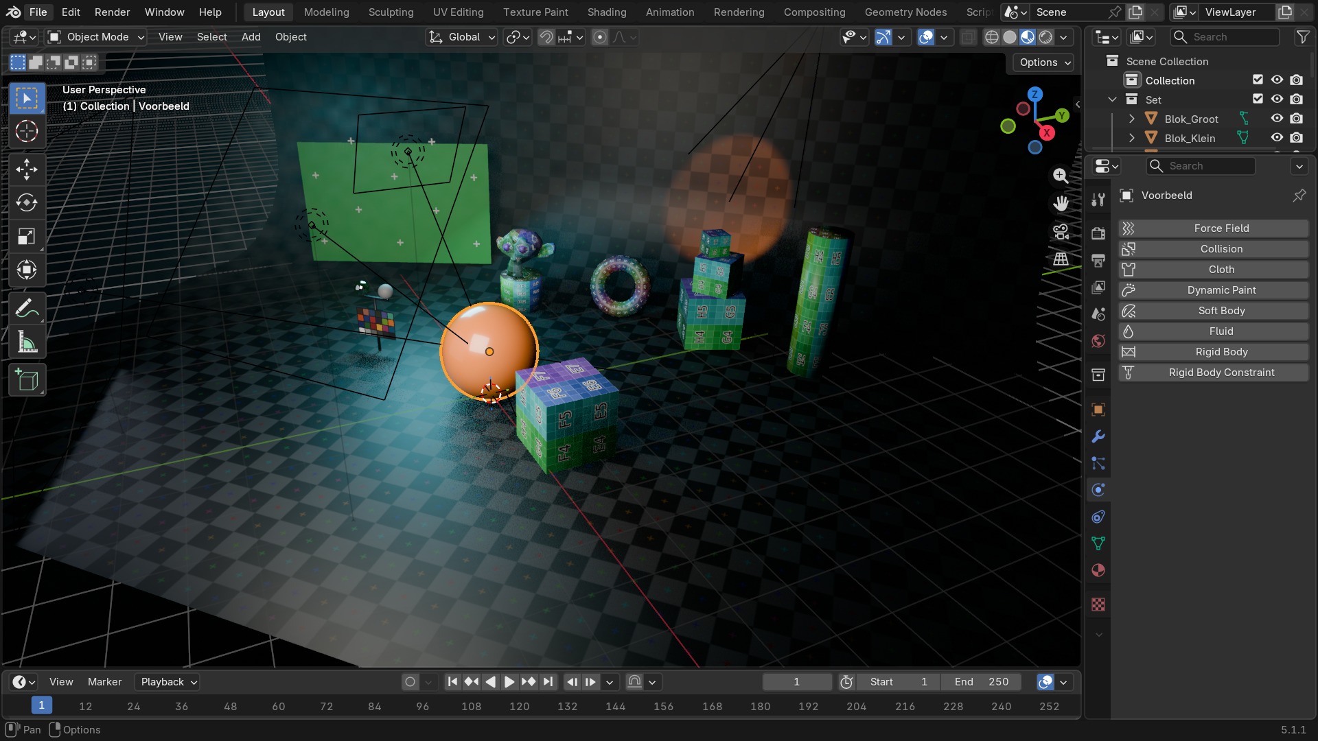De Physics Properties-tab met een Rigid Body-simulatie actief en het Cache-paneel met een Bake-knop eronder.