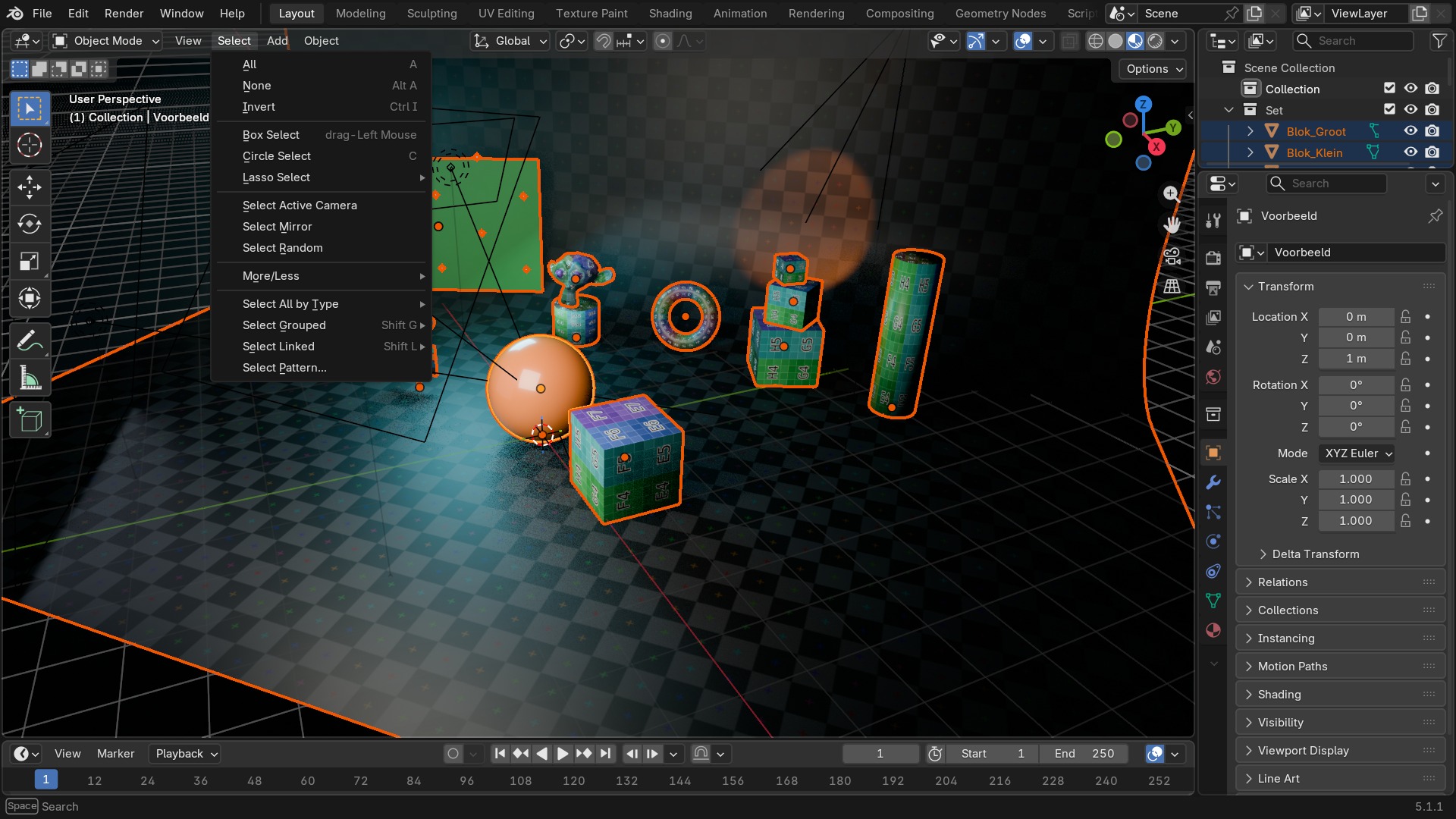 Het opengeklapte Select-menu in de header van de 3D Viewport, Object Mode.