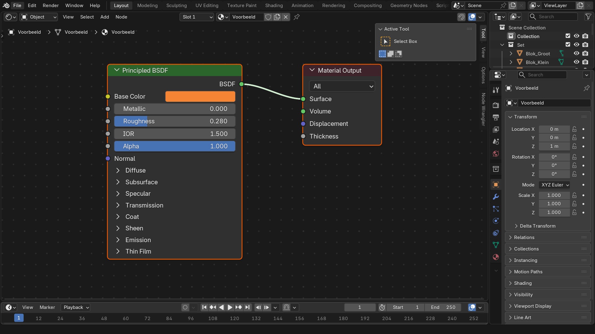De Shader Editor met een Principled BSDF gekoppeld aan de Material Output.