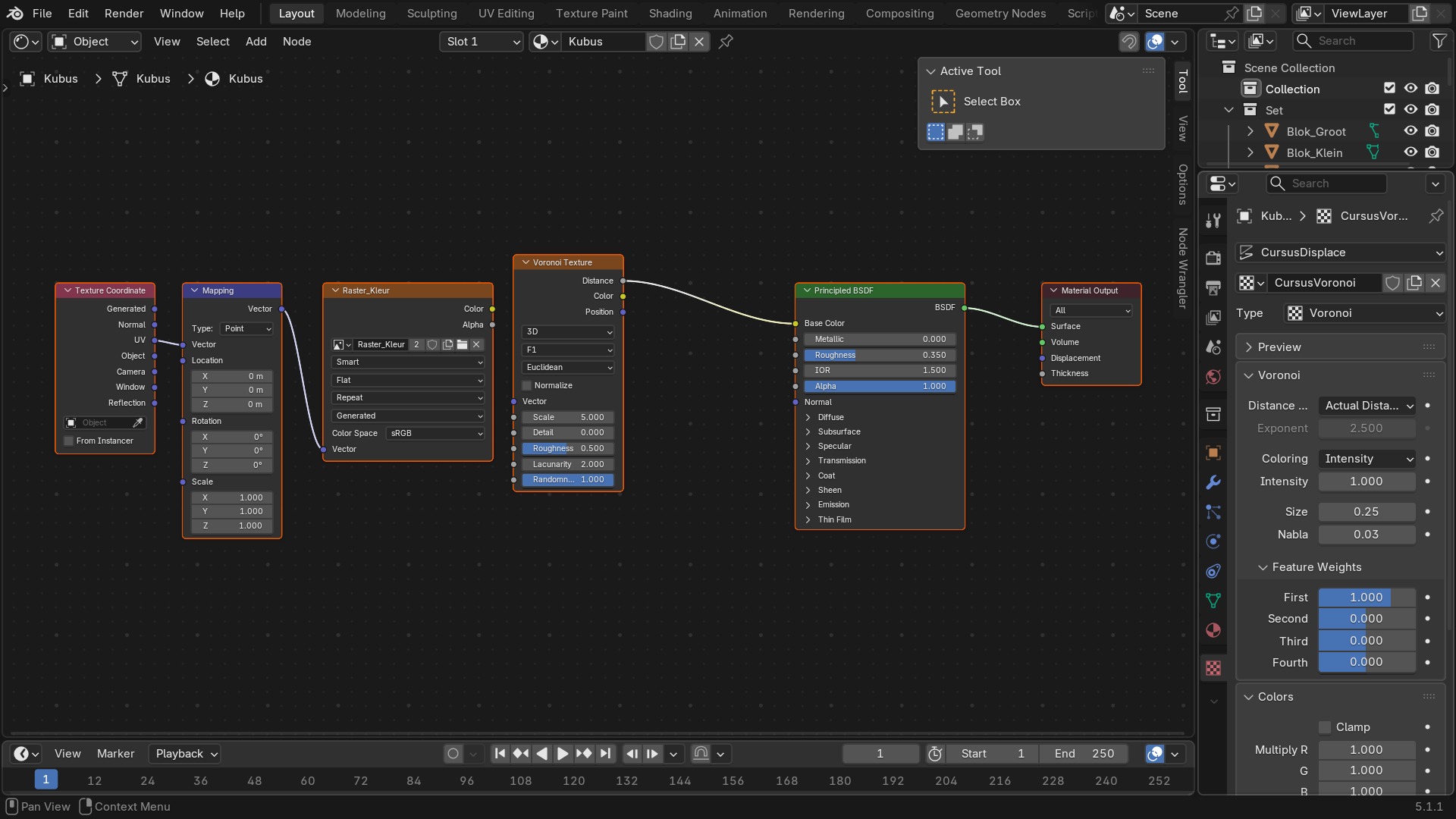 ...en dezelfde Voronoi-berekening als node in de Shader Editor, hier rechtstreeks op Base Color aangesloten in plaats van via de oudere Image Texture-keten.