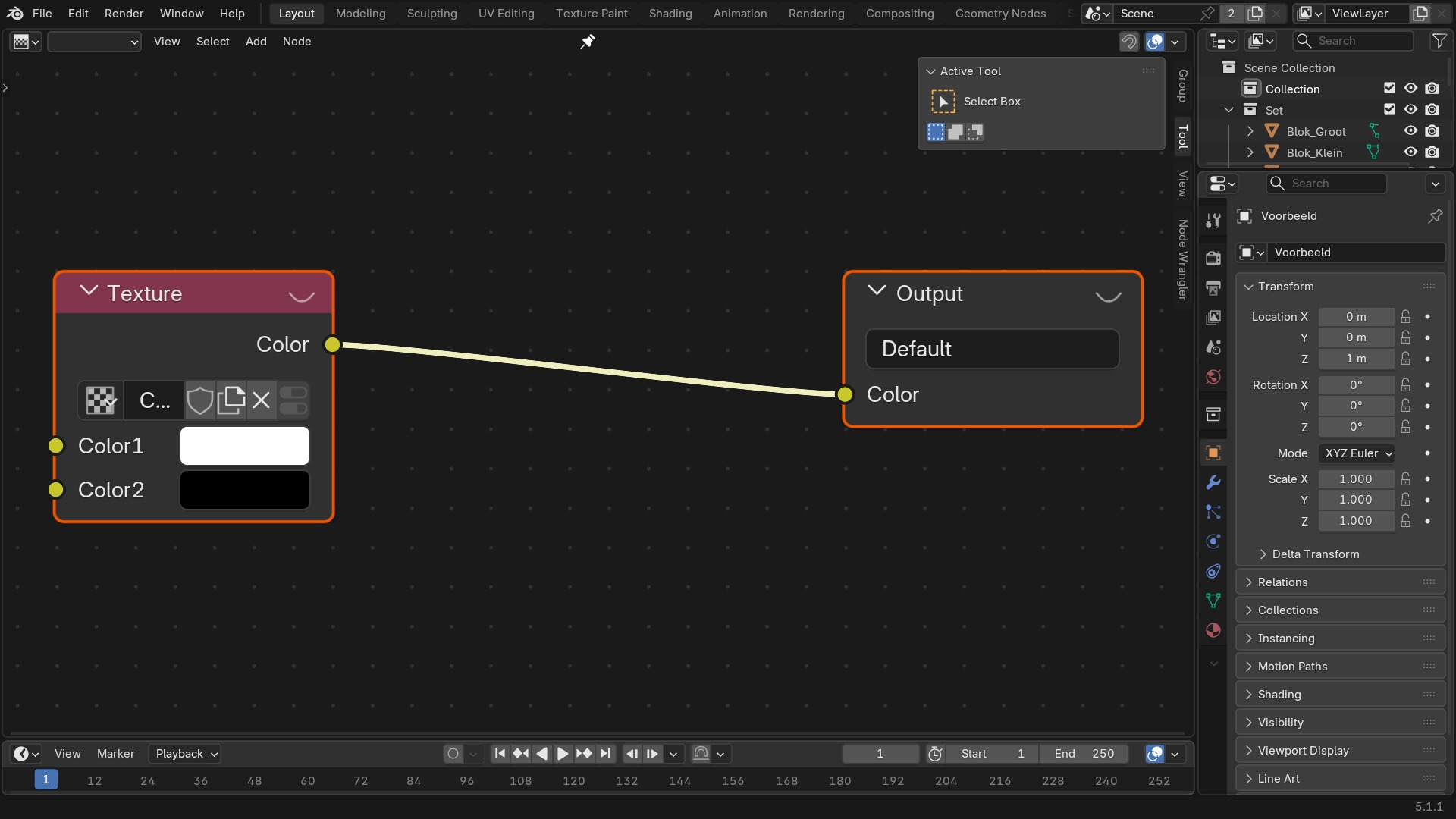 De Texture Node Editor met een procedurele Clouds-textuur gekoppeld aan een Output-node.