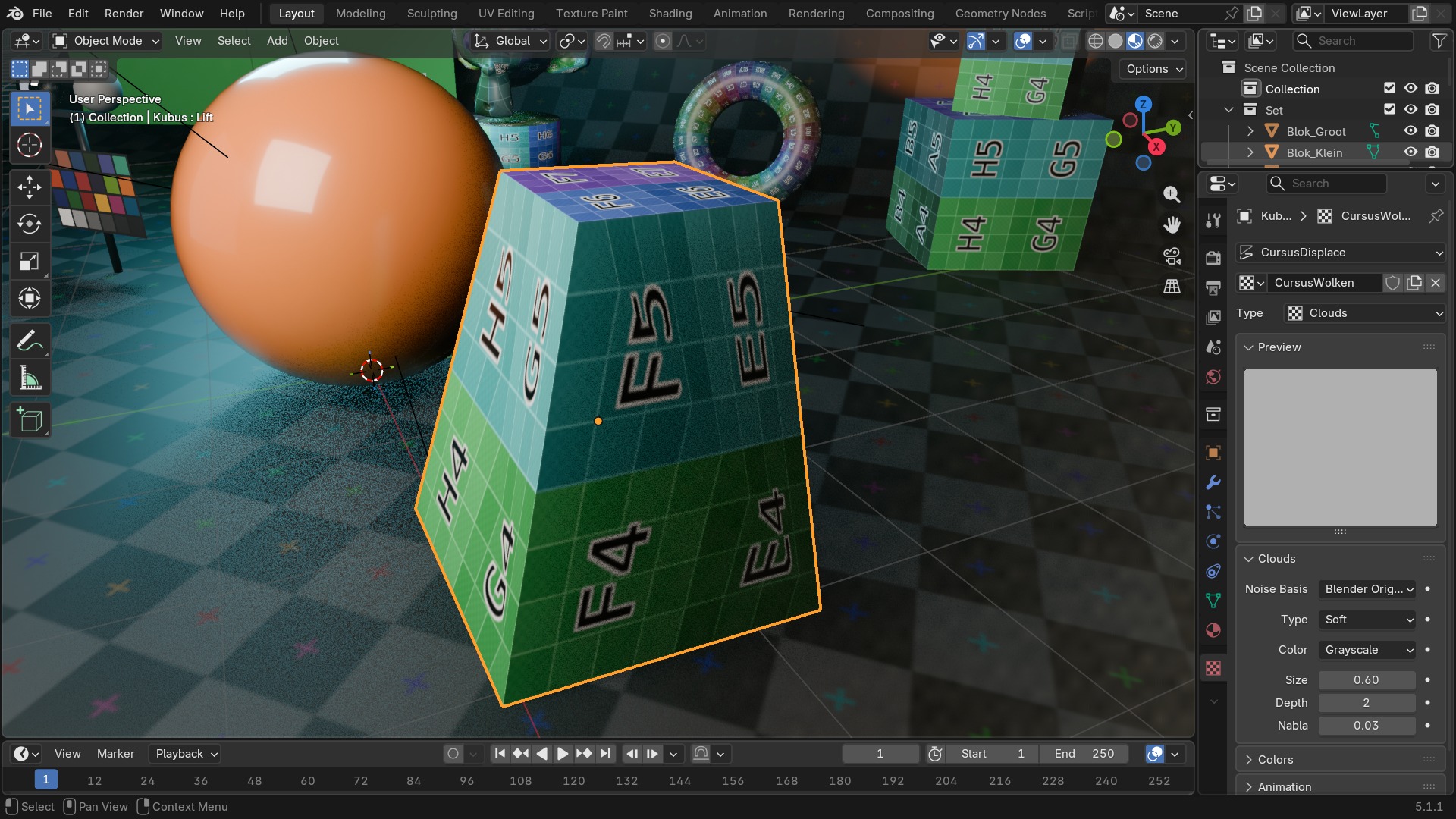 De Texture Properties-tab met een Clouds-textuur, aangeroepen vanuit een Displace-modifier.