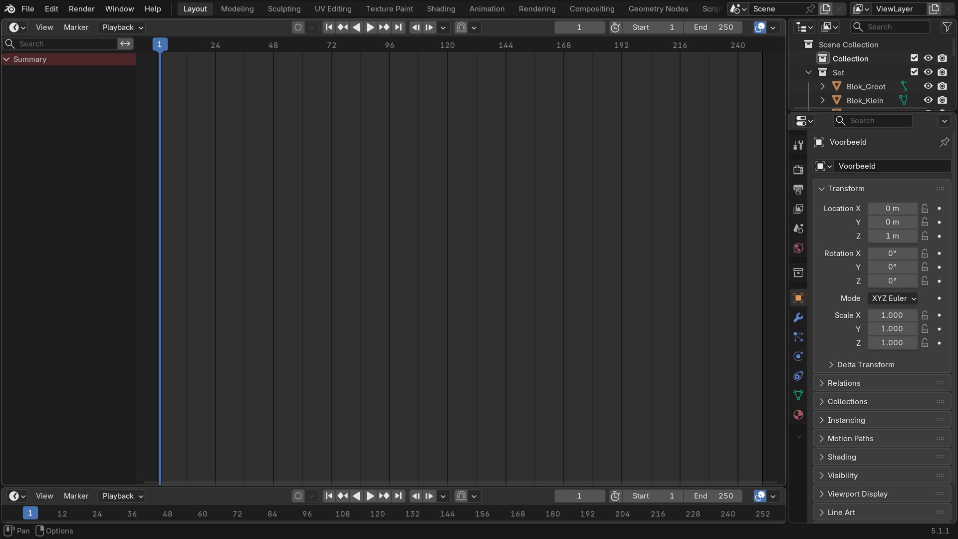 De Timeline-editor onderaan het scherm, met playhead en een paar keyframe-stippen.