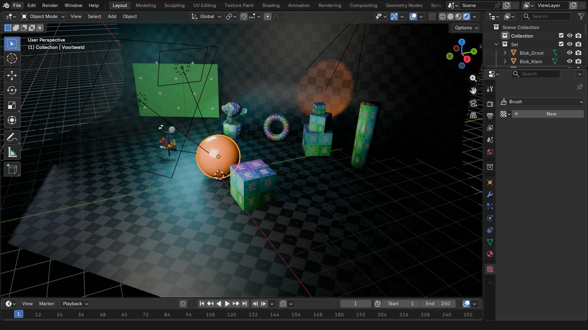 Dezelfde scène in Rendered-weergave, eerst met EEVEE Next, dan met Cycles.