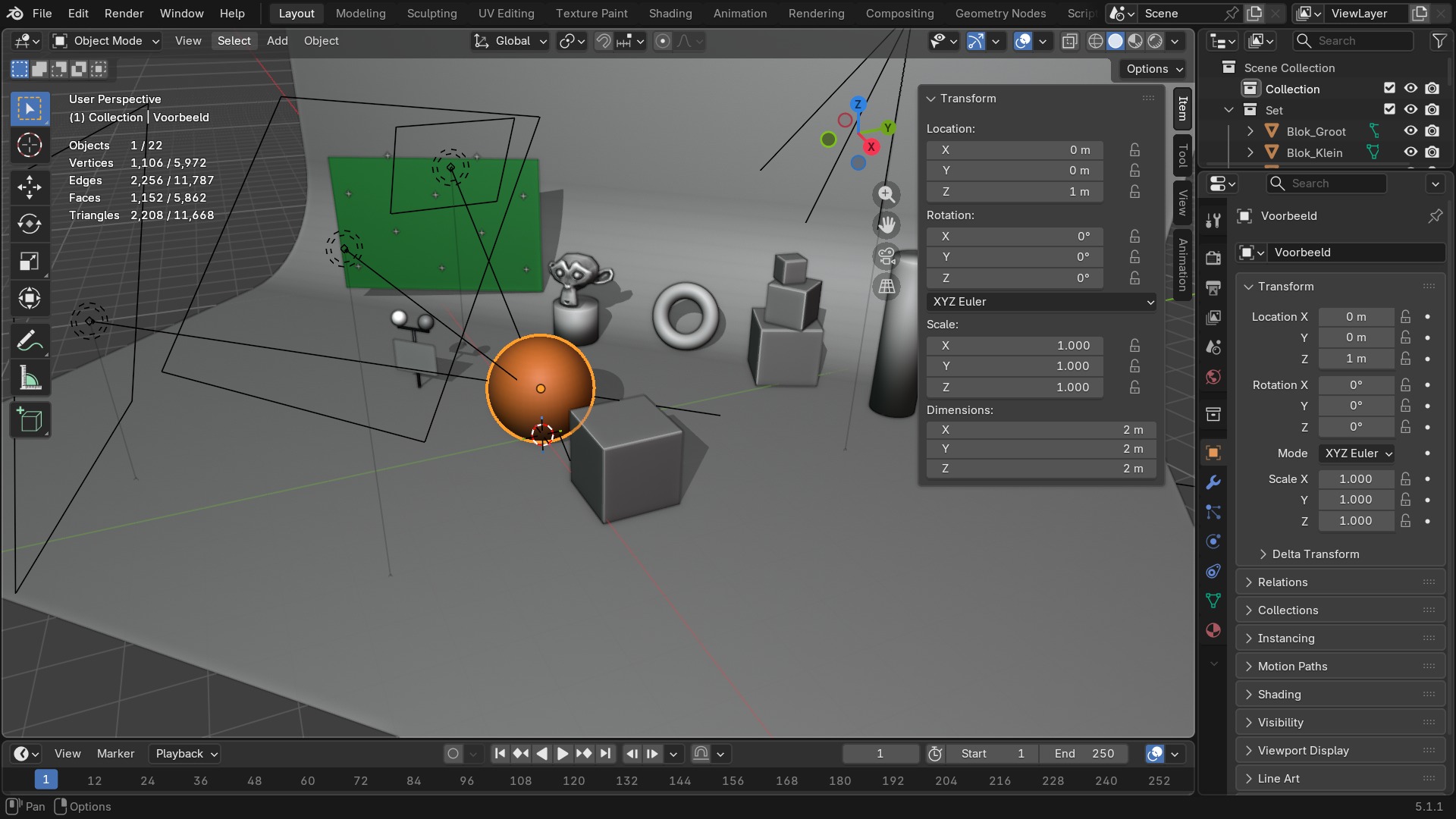 3D-viewport met de Scene Statistics-overlay aan, zichtbaar aantal vertices/faces/triangles rechtsboven.