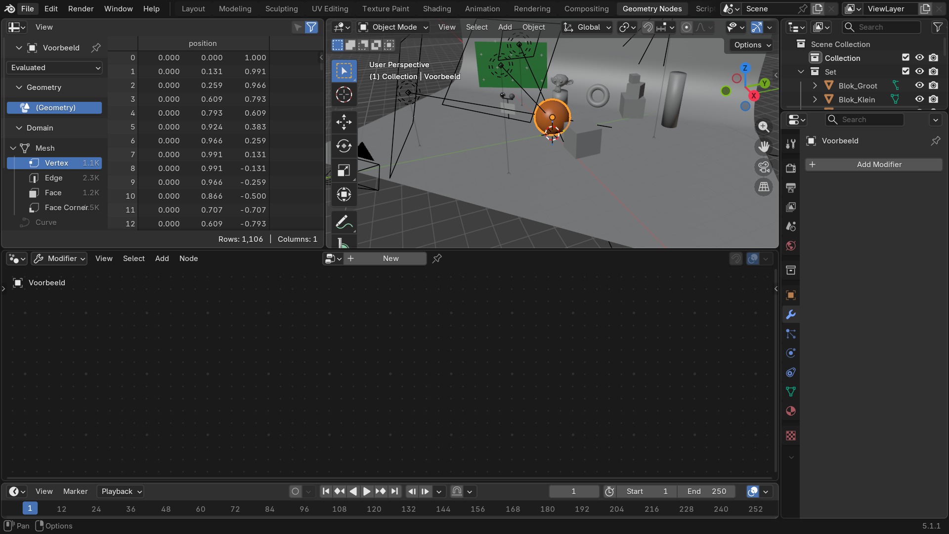 De Geometry Nodes-workspace: links de node-boom, rechts de viewport die het resultaat live toont.