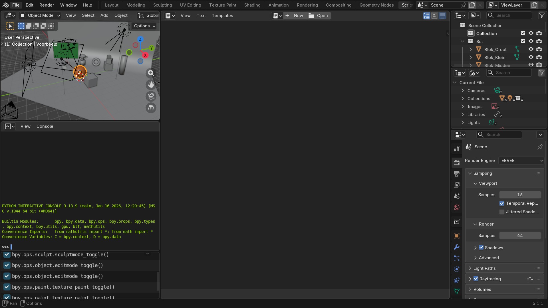 De Scripting-workspace, met de Python Console — ook een workspace, en dus met File → Append over te zetten.