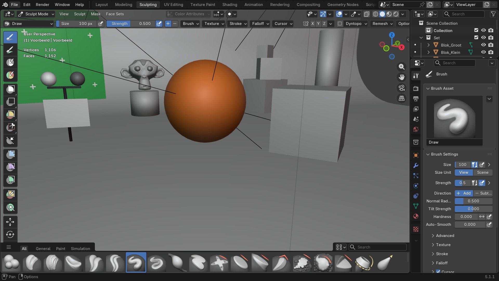 De Sculpting-workspace: het wisselen ernaartoe zet het actieve mesh-object automatisch in Sculpt Mode.