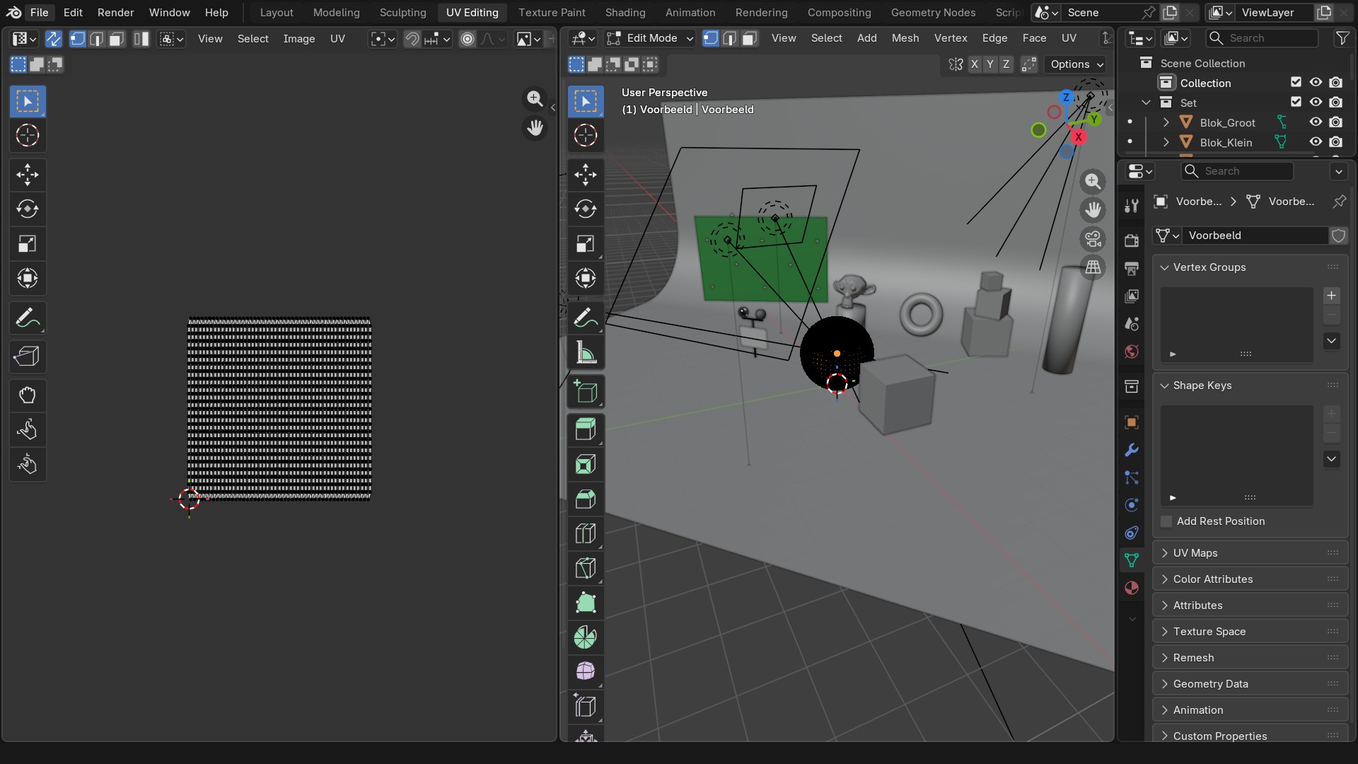 De UV Editing-workspace: 3D Viewport in Edit Mode links, UV Editor rechts.