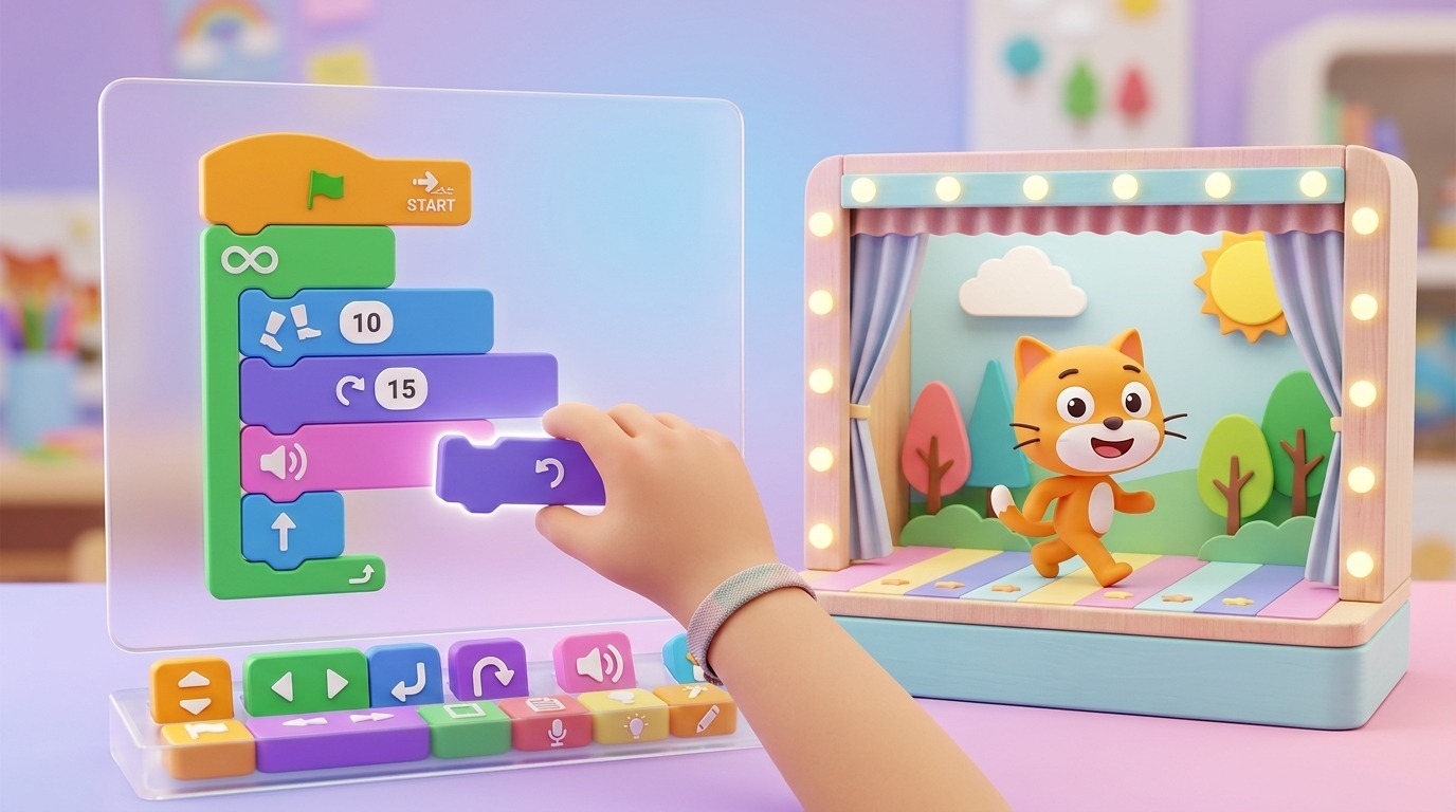 Scratch: sleep gekleurde blokken in elkaar en zie meteen wat je programma doet