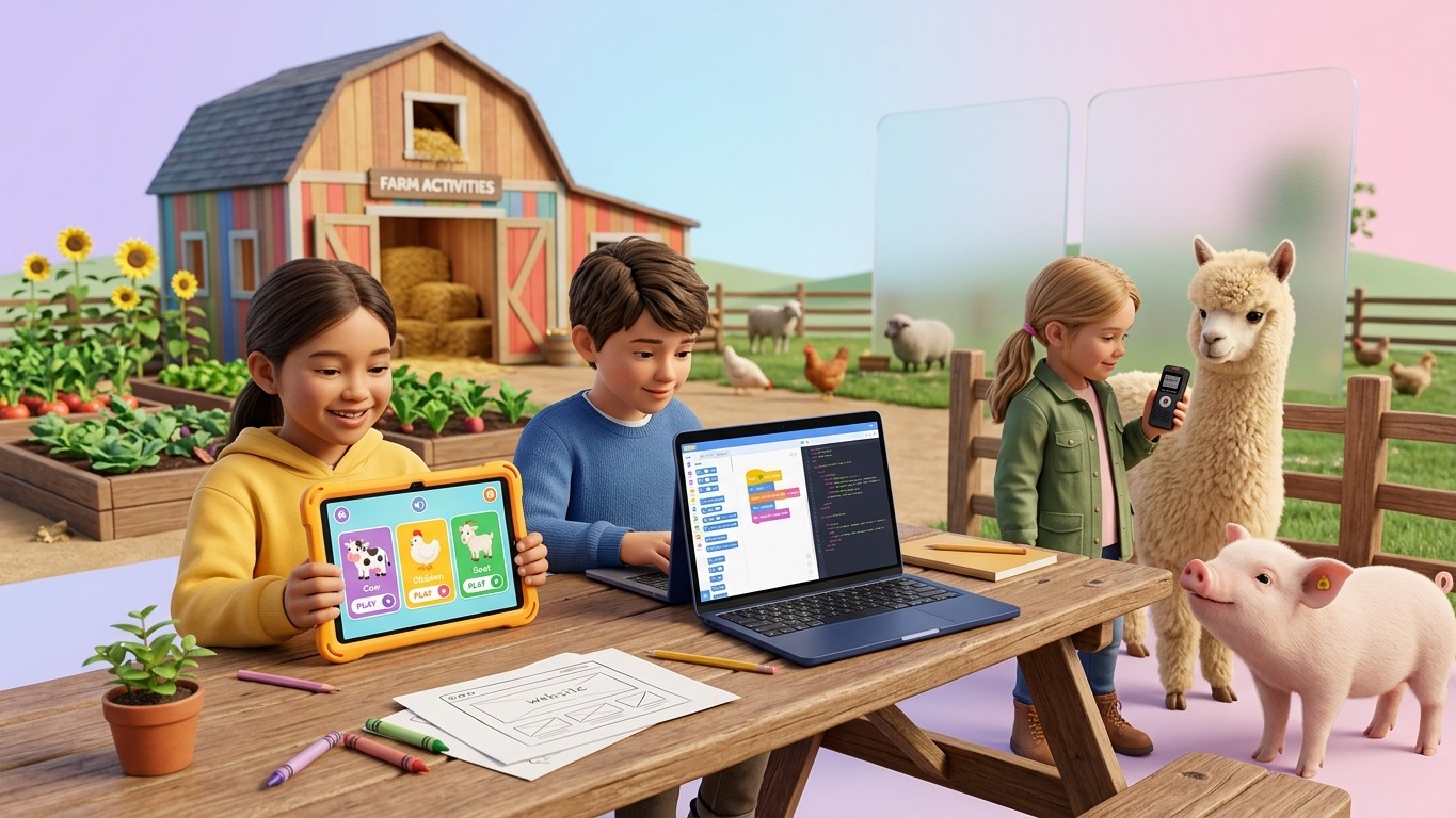 Kinderen bouwen een dierengeluiden-app op de boerderij: tablet met kleurrijke knoppen, laptop met code ernaast