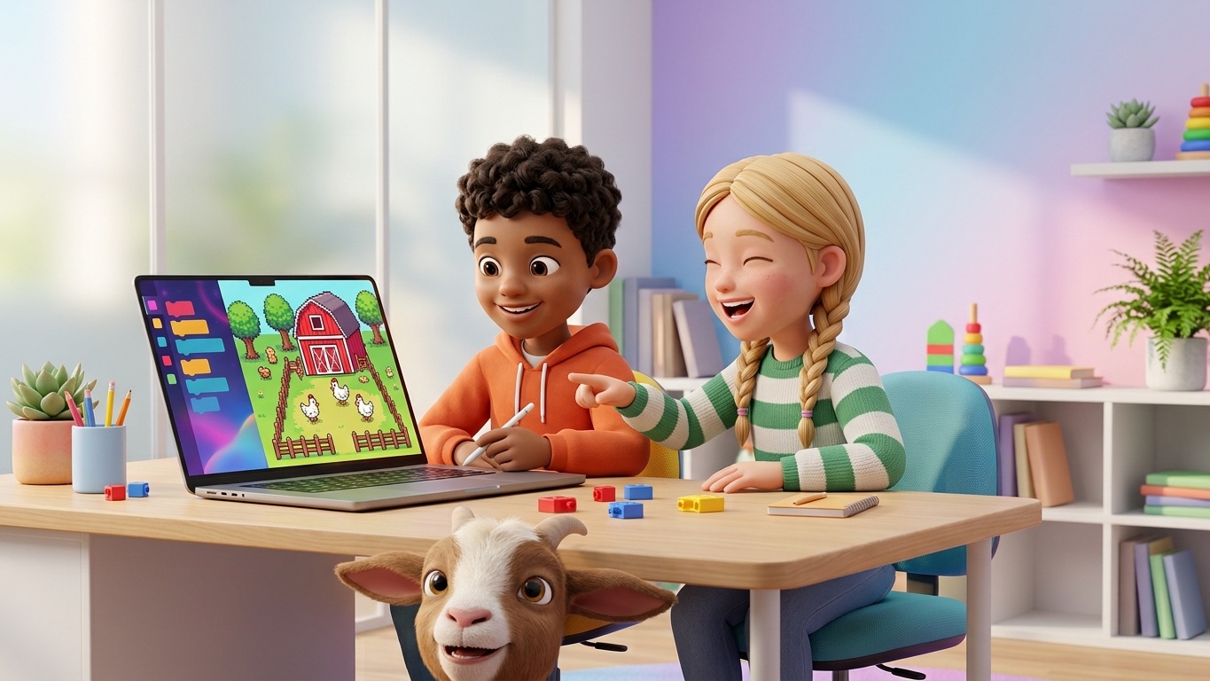 Kinderen ontwerpen hun boerderij-game: laptop met blokjescode, geschetste dierkarakters op papier, een echte kip op de achtergrond
