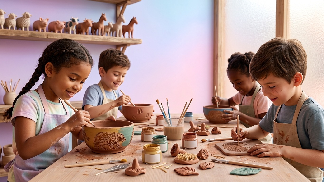 Decoratieatelier: engobe in lagen aanbrengen, dan met een mirette sgraffito-motieven krassen