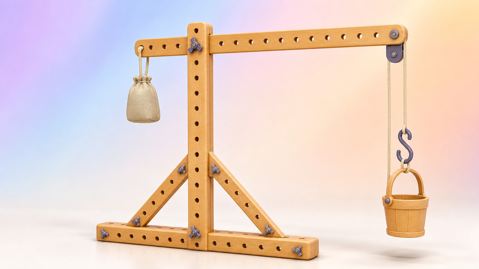 De hijskraan tilt een leeg emmertje: het contragewicht houdt de lange arm in balans terwijl het touw over de katrol loopt.
