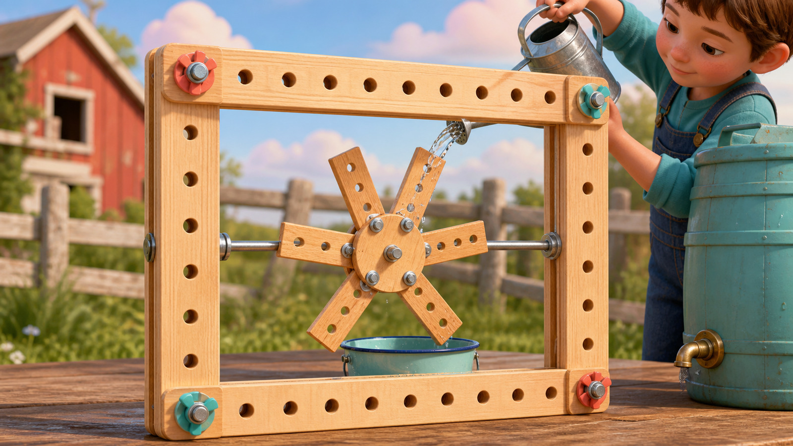 Het waterrad draait wanneer water uit de gieter net vóór het hoogste punt op de zes schoepen valt