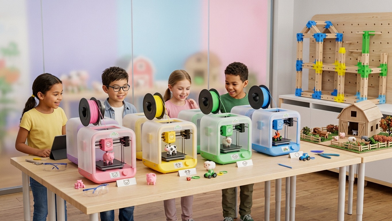 Kinderen ontwerpen overdag; een opgeleide begeleider beheert de gecontroleerde printvensters