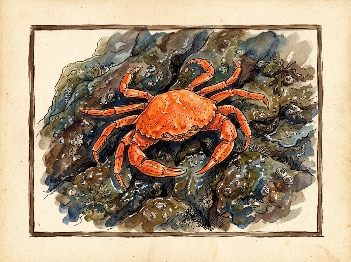 De rifkrab — feloranje schild op zwart rif; loopt de hele dag over de stenen.