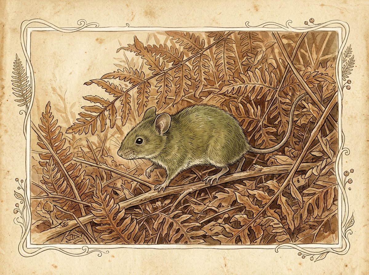 De varenmuis — dofgroen, de kleur van oud varenblad; ritselt overdag tussen de varens.