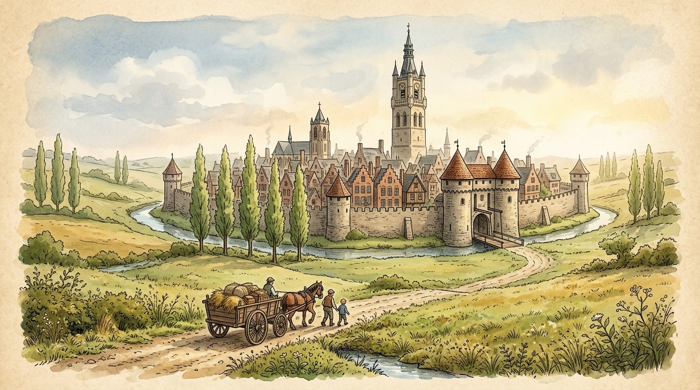 Aldenmaar vanaf de weg naar Merckem, met het belfort boven de daken.