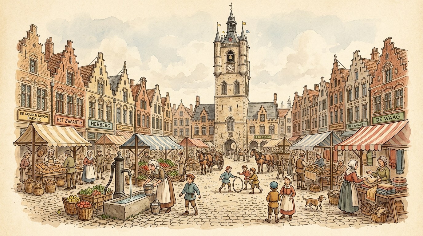 De gildehuizen rond de Grote Markt, met het belfort in het midden.