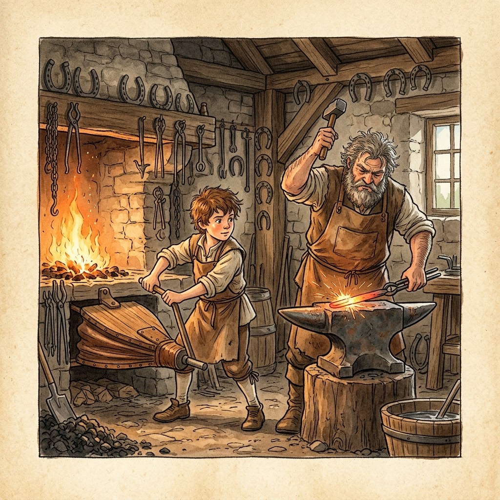 Joris aan de blaasbalg, met meester Bavo aan het aambeeld.