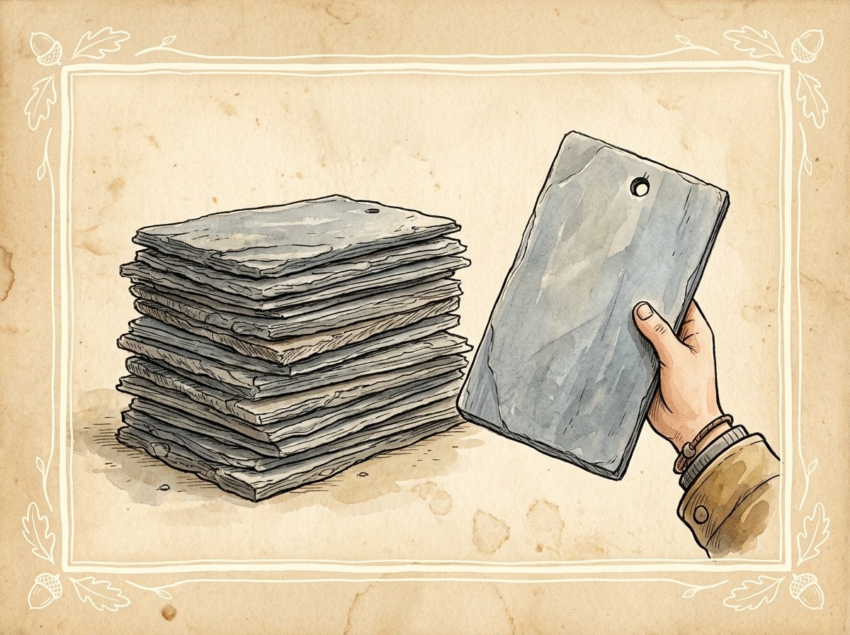 Leisteen — grijs, splijt in dunne platen; de daken en de toren.