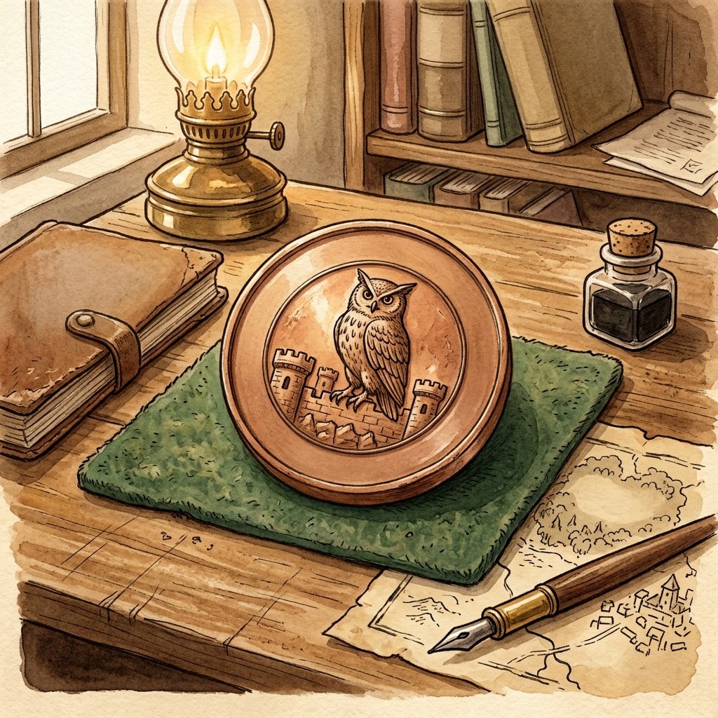 Het koperen zegelstempel van de stad: een uil op een muur.
