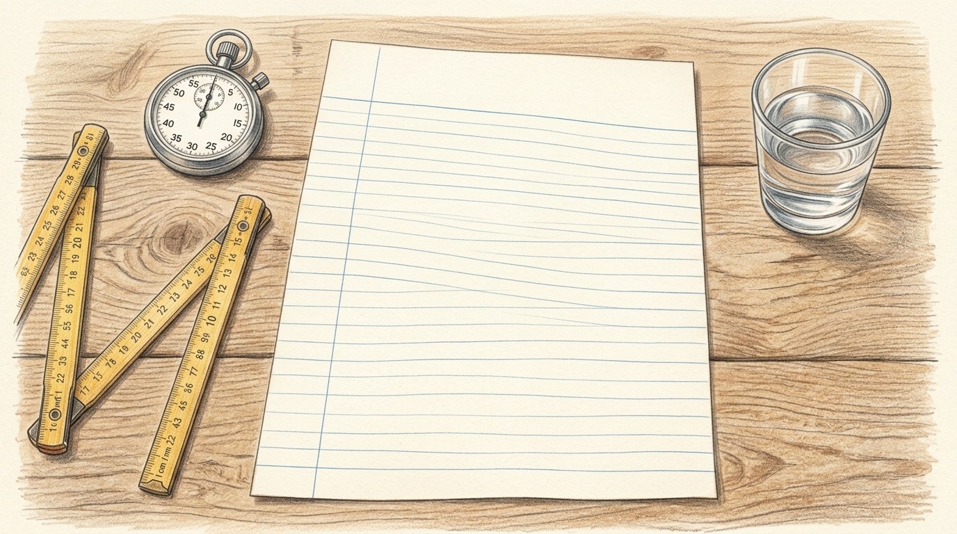 Een verslag begint met een leeg blad en vier vragen.