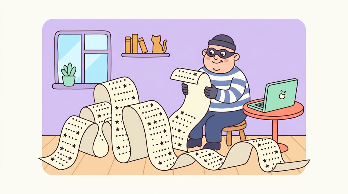 Een dief met een heel lange lijst gestolen wachtwoorden