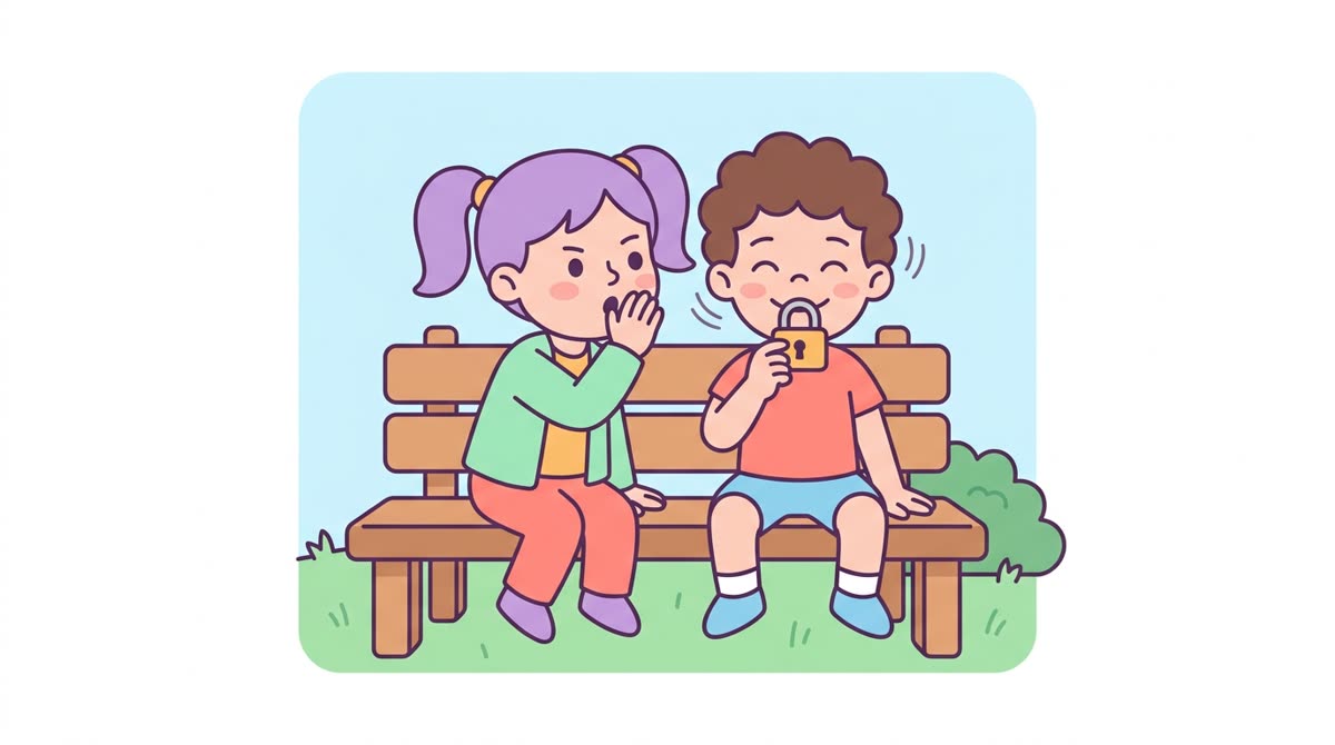 Twee kinderen op een bank, eentje houdt een slotje voor zijn mond