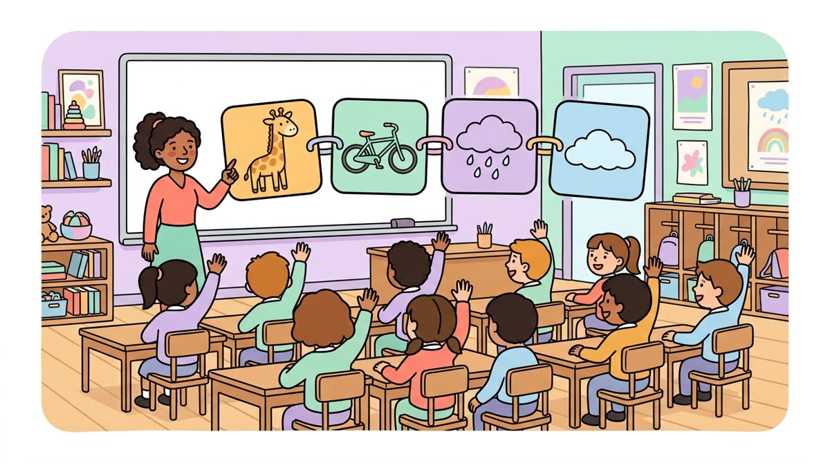 Een klas met opgestoken handen, op het bord staan de woordkaarten giraf, fiets en regen