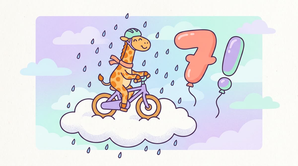 Een giraf fietst in de regen boven op een wolk, met een zeven en een uitroepteken als ballonnen