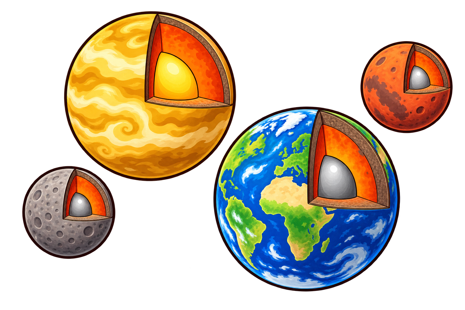 Vier kinderen houden elk een zelfgemaakte rotsplaneet omhoog: Mercurius, Venus, de Aarde en Mars