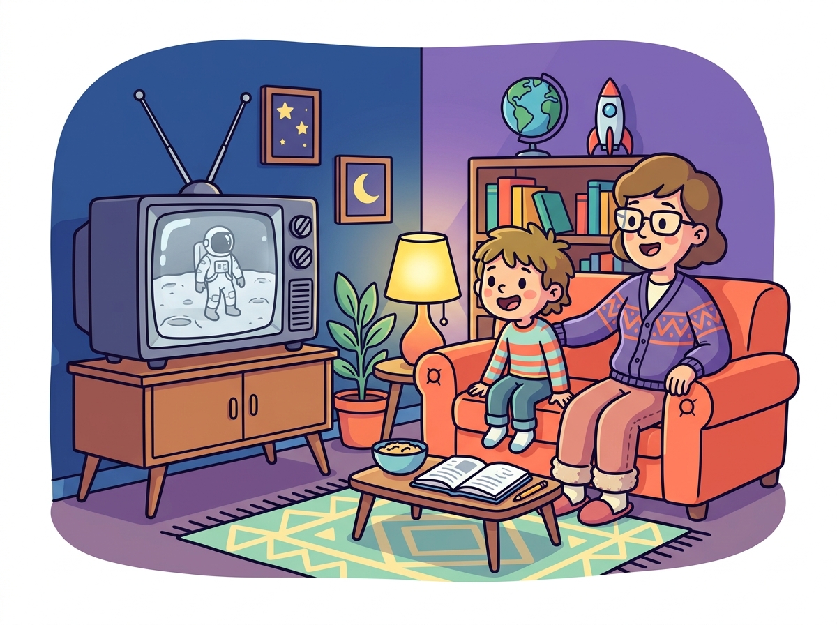 Een meisje in pyjama kijkt in 1969 's nachts met haar vader naar de maanlanding op een kleine zwart-wittelevisie