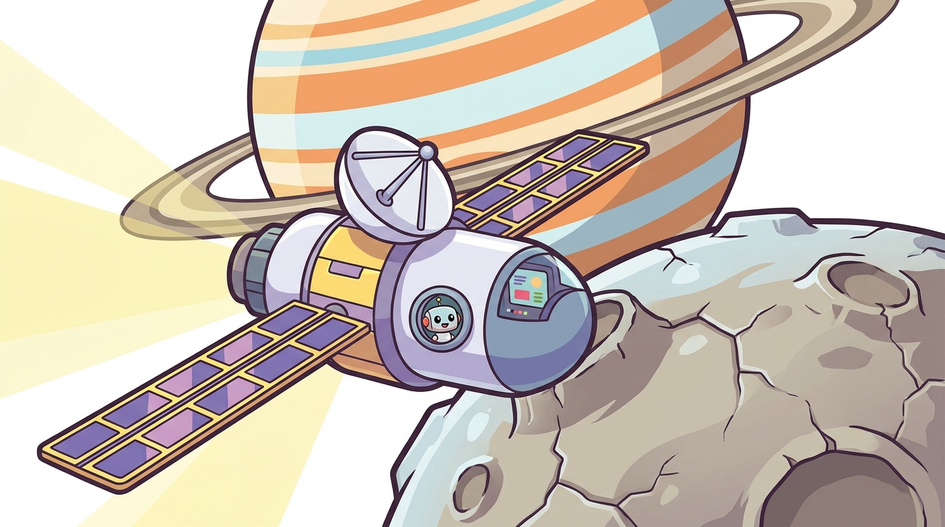 Een ruimtesonde met lange zonnepanelen vliegt langs een ijzige maan, met de gestreepte reuzenplaneet Jupiter erachter
