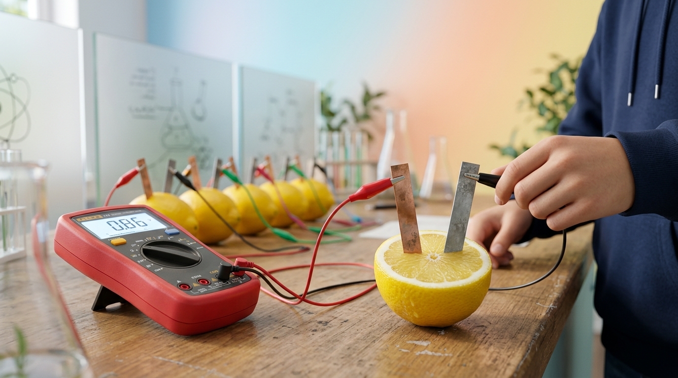 Het fruitbatterij-lab: koper- en zinkelektroden in een citroen, spanning meten met de multimeter
