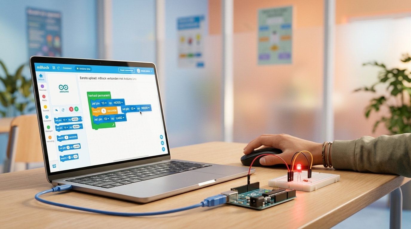 Eerste upload: mBlock verbonden met een Arduino Uno, LED op het breadboard knippert