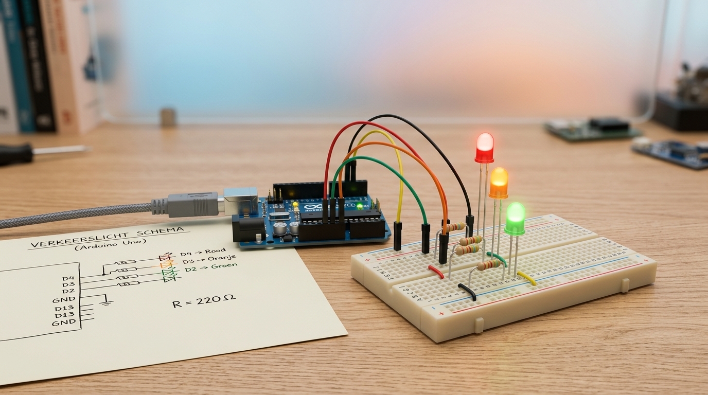 Doelbeeld: het werkende verkeerslicht op het breadboard